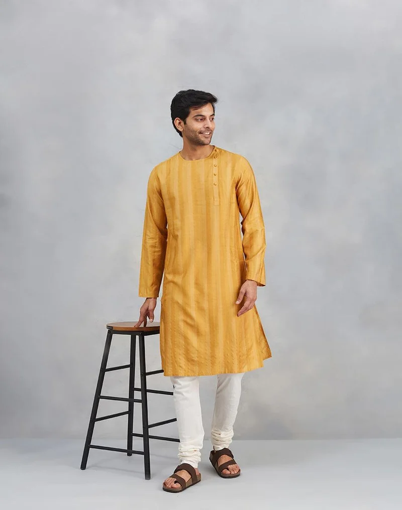 فاب انديا Mustard Viscose Blend Dobby Slim Fit Long Kurta