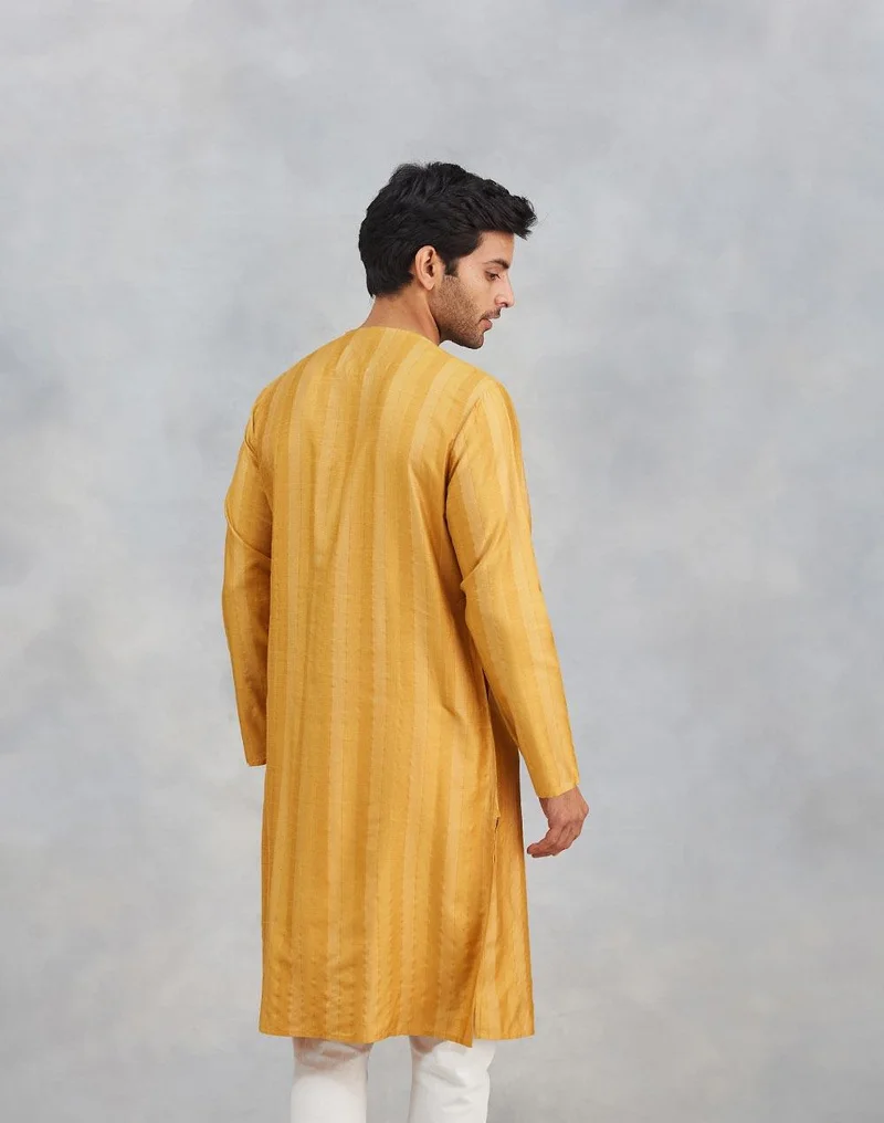 Fabindia Mustard Viscose Blend Dobby Slim Fit Long Kurta