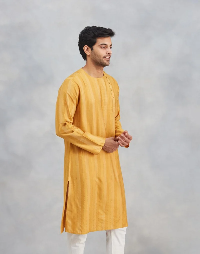 Fabindia Mustard Viscose Blend Dobby Slim Fit Long Kurta