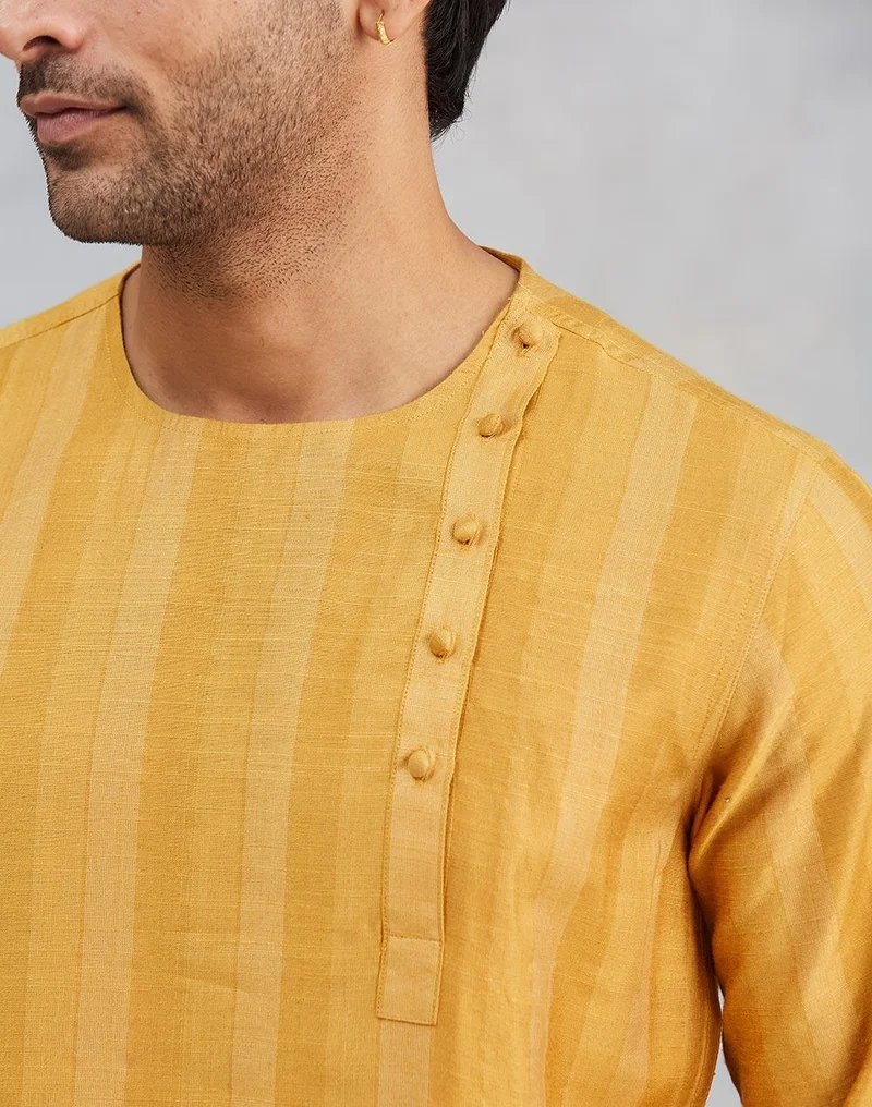 Fabindia Mustard Viscose Blend Dobby Slim Fit Long Kurta