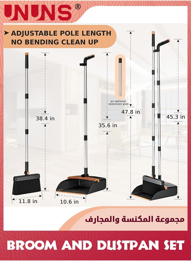 UNUNS - Broom And Dustpan Set,Cleaning Supplies Broom And Dustpan Set For Home,Long Stainless Steel Handle Brooms With Upright Dustpan Combo Set For Home Office Kitchen Lobby Floor Cleaning - Image 1