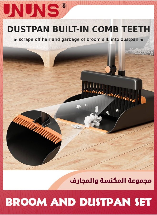 UNUNS - Broom And Dustpan Set,Cleaning Supplies Broom And Dustpan Set For Home,Long Stainless Steel Handle Brooms With Upright Dustpan Combo Set For Home Office Kitchen Lobby Floor Cleaning - Image 1