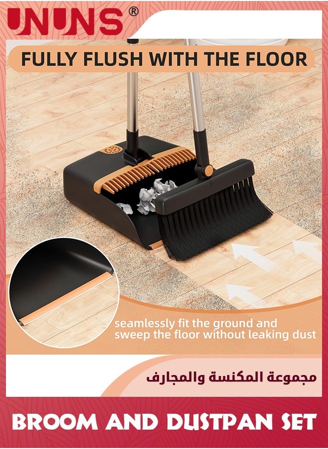 UNUNS - Broom And Dustpan Set,Cleaning Supplies Broom And Dustpan Set For Home,Long Stainless Steel Handle Brooms With Upright Dustpan Combo Set For Home Office Kitchen Lobby Floor Cleaning - Image 1