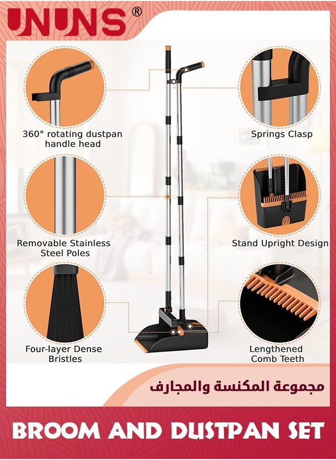 UNUNS - Broom And Dustpan Set,Cleaning Supplies Broom And Dustpan Set For Home,Long Stainless Steel Handle Brooms With Upright Dustpan Combo Set For Home Office Kitchen Lobby Floor Cleaning - Image 1