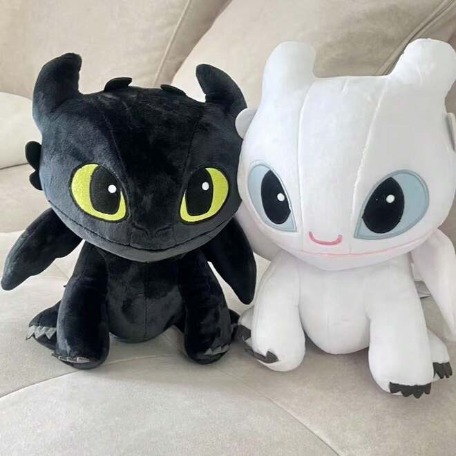 Universal 25cm Toothless & Light Fury Plush Toy Set, Cute Black & White Dragon Stuffed Doll, Soft Cartoon Animal Plushie, Couple Gift, Birthday & Holiday Present