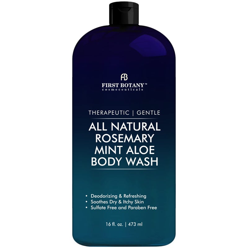First Botany, ALL Natural Body Wash - Fights Body Odor, Athlete's Foot, Jock Itch, Nail Issues, Dandruff, Acne, Eczema, Shower Gel for Women & Men, Skin Cleanser -16 fl oz (Rosemary Mint) - Image 1