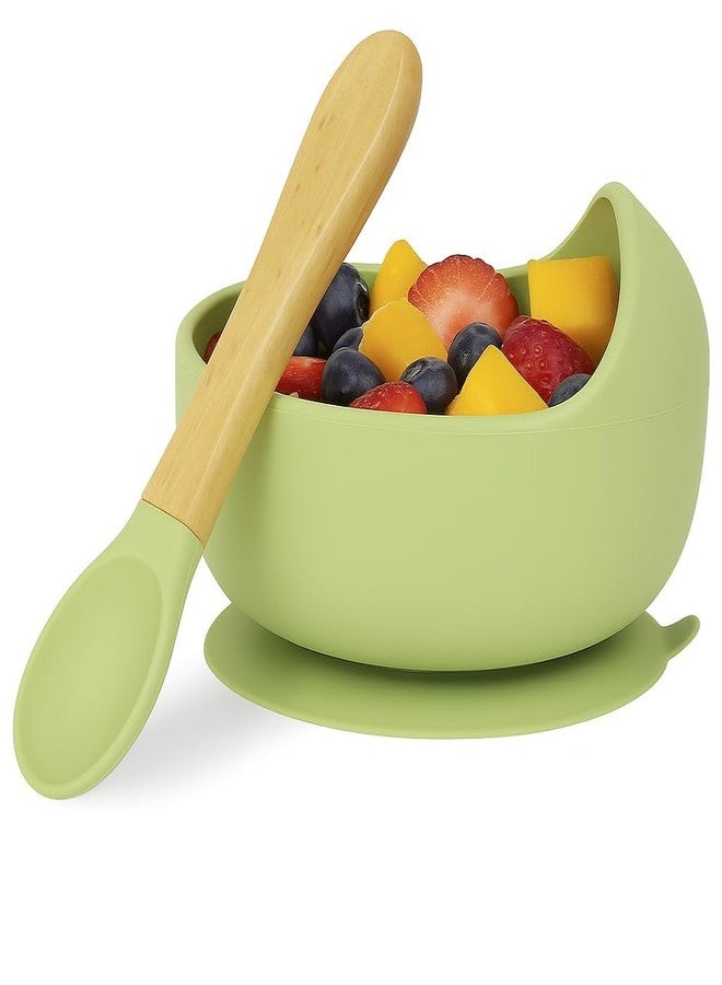 CETLO Silicone Kid Bowl & Spoon Set with Strong Suction Base | BPA-Free, Unbreakable Infant Feeding Bowl | Microwave & Dishwasher Safe | First Stage Weaning for Kids (Dark Green)