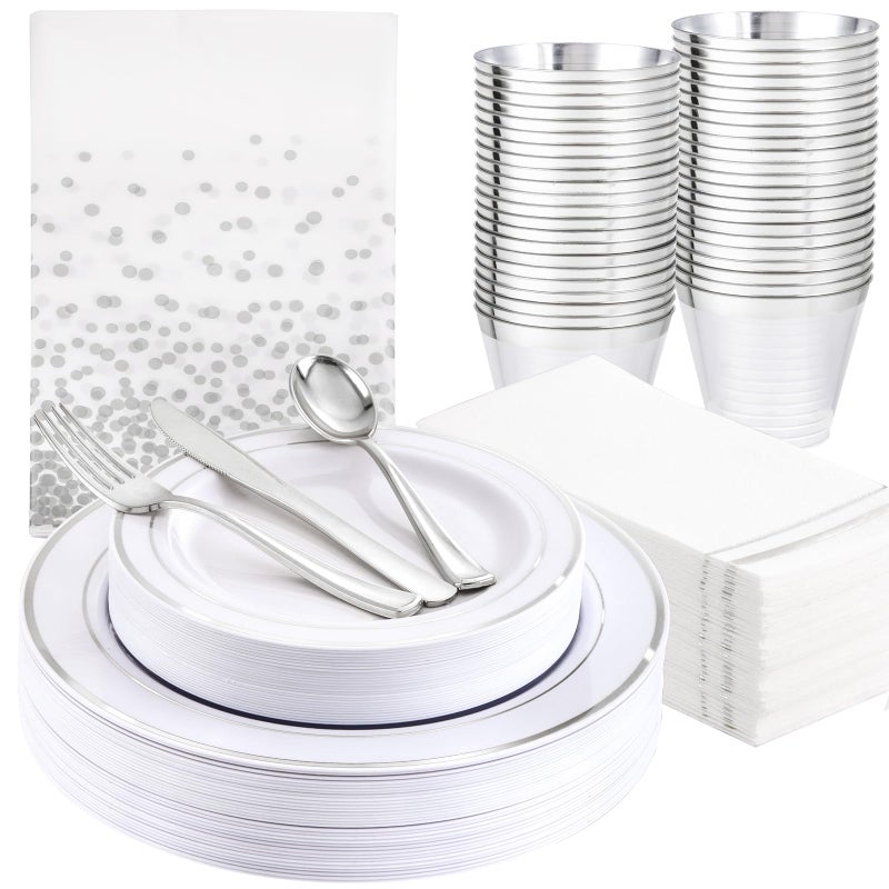 GATHER 176 Pieces Silver Plates  Disposable Silver Plastic Plates Includes 50 Plates 75 Silverware 25 Napkins 25 Silver Rimmed Cups and 1 Tablecloth Perfect for Party  Weding