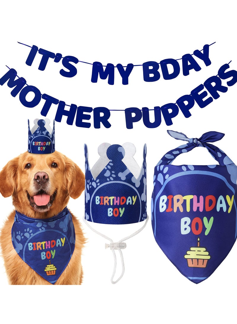 KASTWAVE Dog Birthday Party Supplies, Dog Birthday Bandana Set for Medium Large Dogs, Party Hat, Crown and Cute Dog Birthday Banner with It's My Birthday Mother Puppers Sign - Image 1