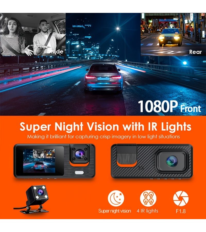 3 Way Recording Car Dashcam 1080P Front Middle Rear Camera With Reversing Camera Loop Recording Motion Detection Suitable For All Vehicles Universal Mini Backup Camera For RV - Image 5