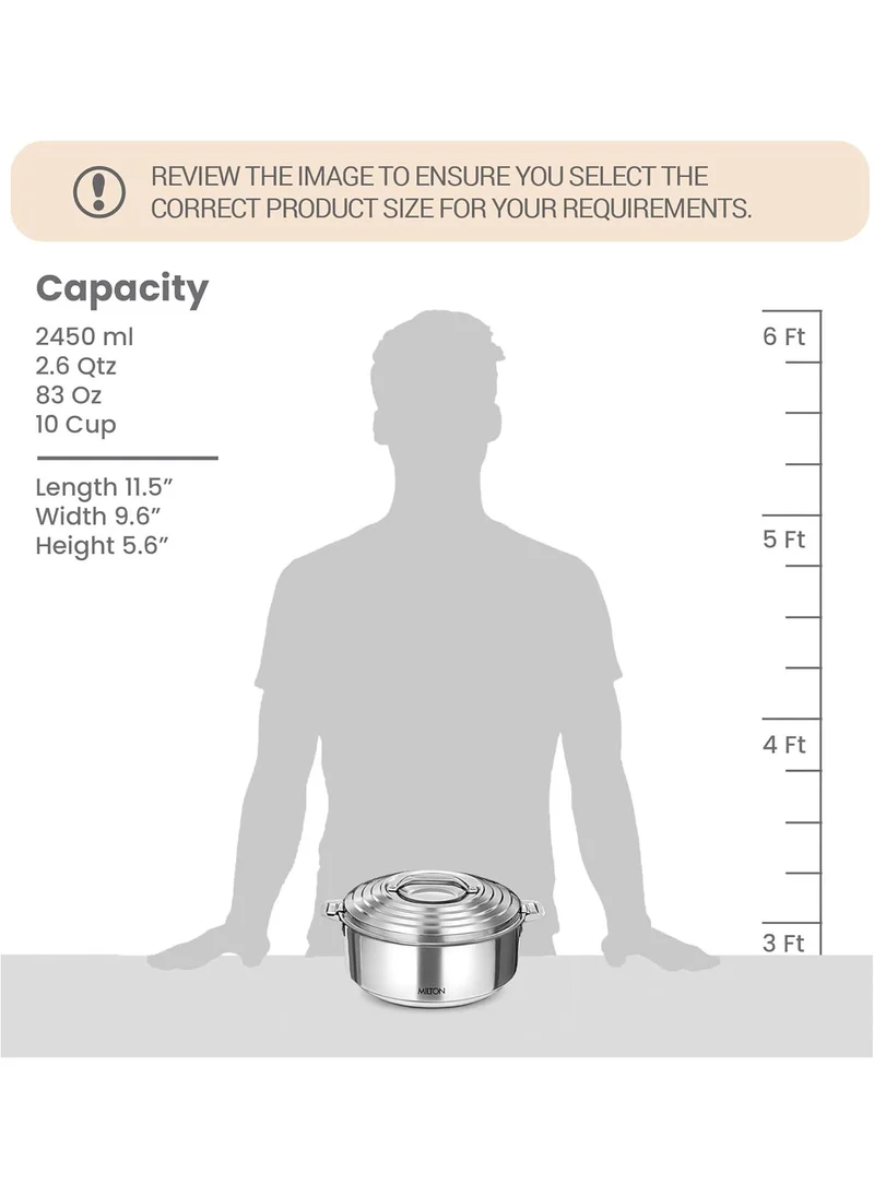 Milton MILTON 2500ml Casserole with Lid, Double-Walled Insulated Stainless Steel Hotpot, Keeps Food Hot/Cold for Hours, Perfect for Serving Chapati, Roti, Biryani and More - Galaxia - Silver