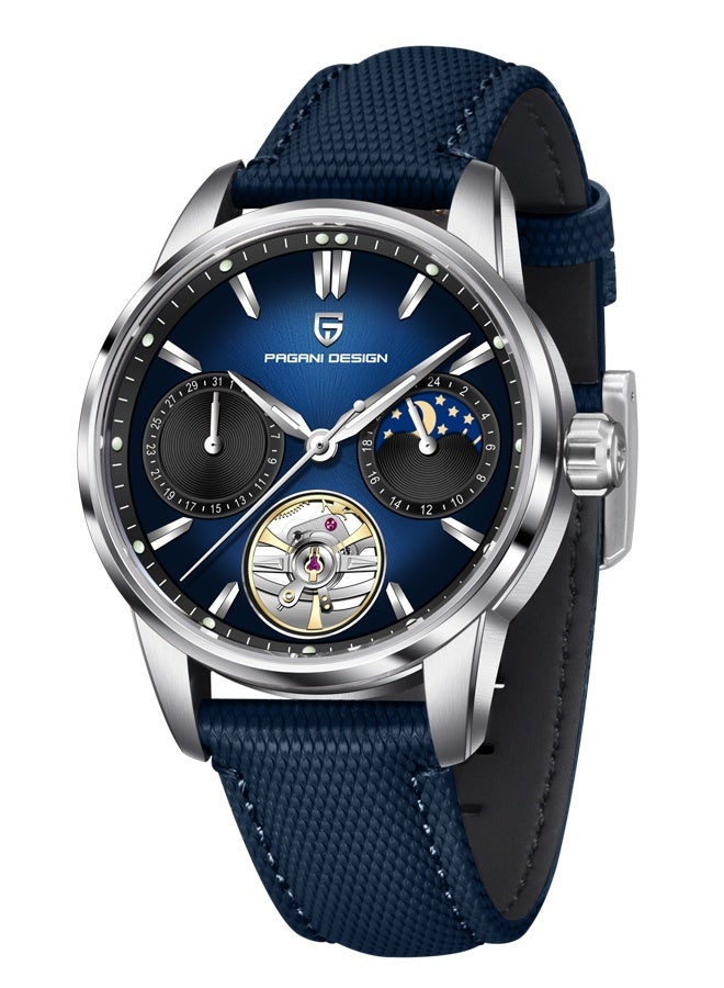 PAGANI DESIGN Automatic Men's Watch 41MM Leather Stainless Steel Business Wrist Watch for Men, Synthetic Sapphire Dial Glass,Silver Blue - Image 1