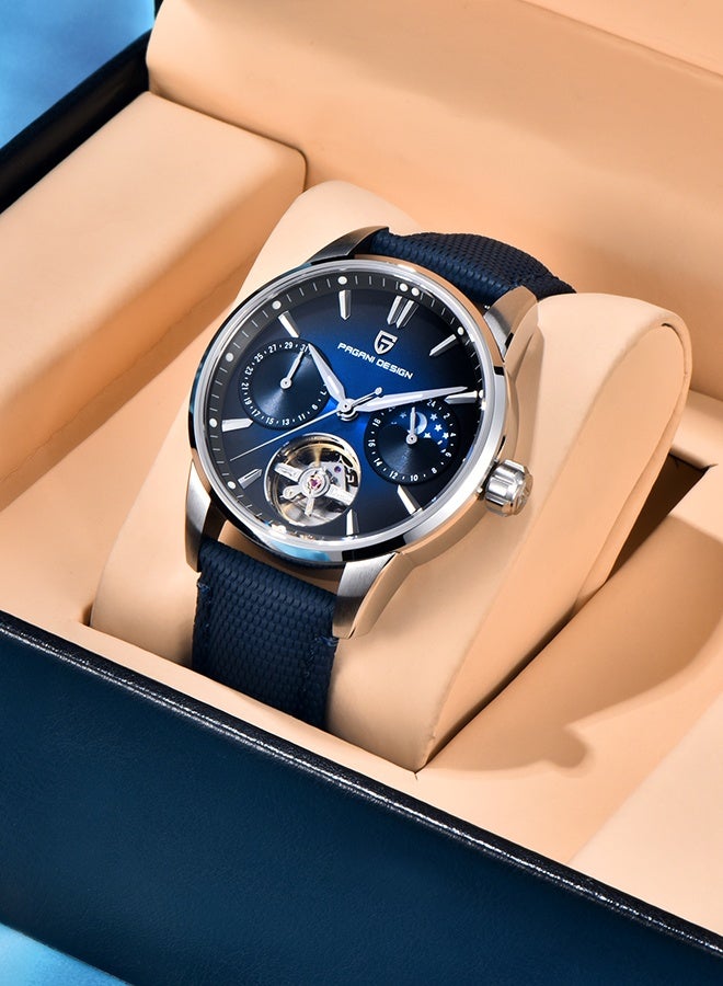 PAGANI DESIGN Automatic Men's Watch 41MM Leather Stainless Steel Business Wrist Watch for Men, Synthetic Sapphire Dial Glass,Silver Blue - Image 3