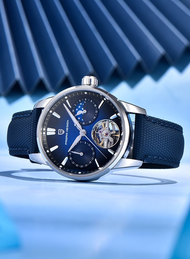 PAGANI DESIGN Automatic Men's Watch 41MM Leather Stainless Steel Business Wrist Watch for Men, Synthetic Sapphire Dial Glass,Silver Blue - Image 2