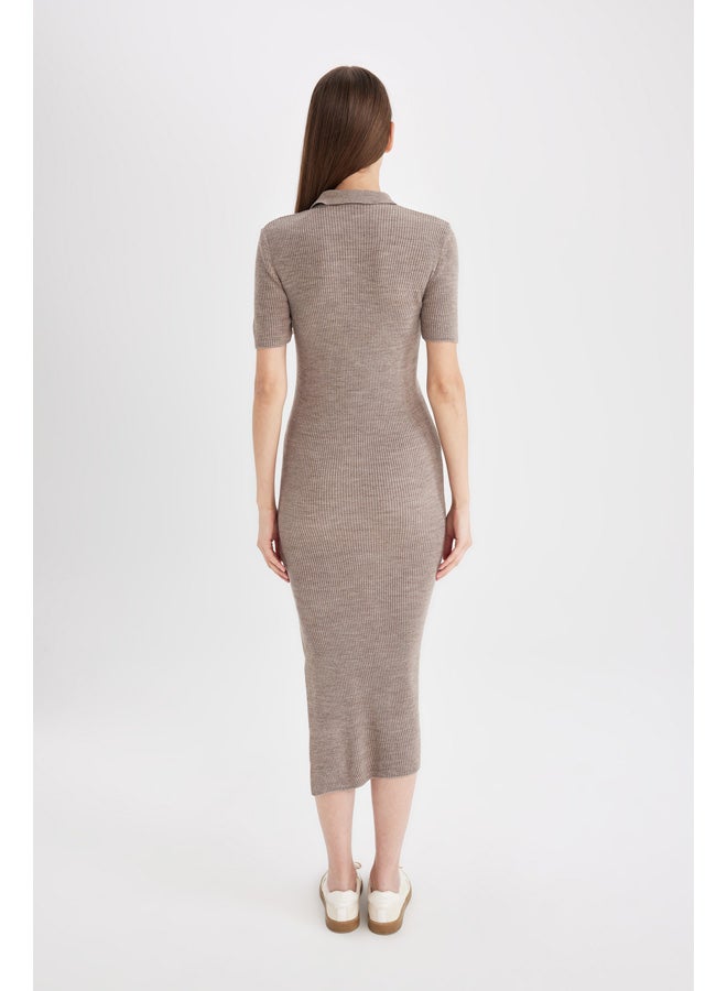 DeFacto Woman Tricot Fitted Polo Neck Short Sleeve Dress  - Image 4