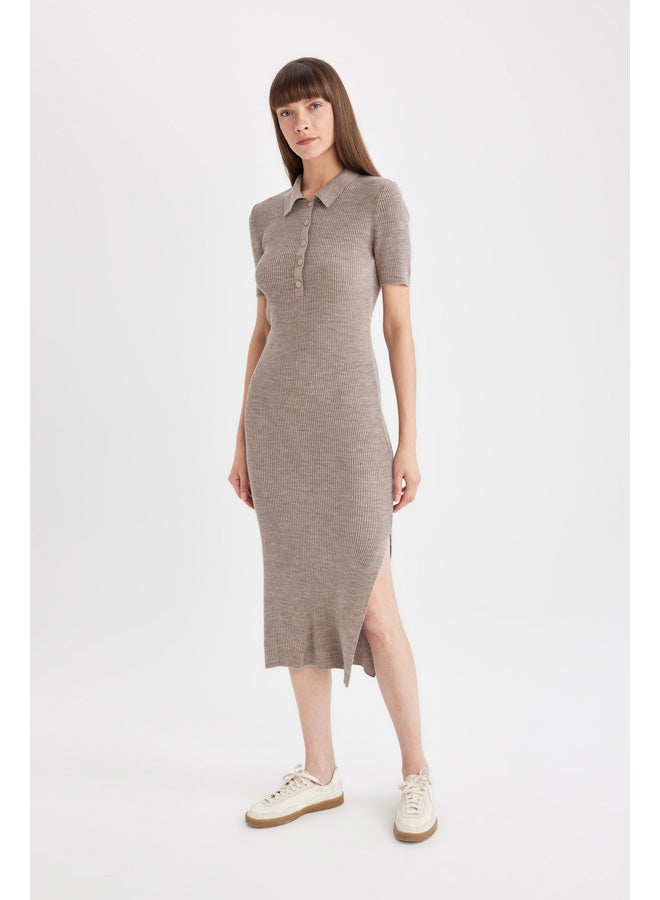 DeFacto Woman Tricot Fitted Polo Neck Short Sleeve Dress  - Image 2