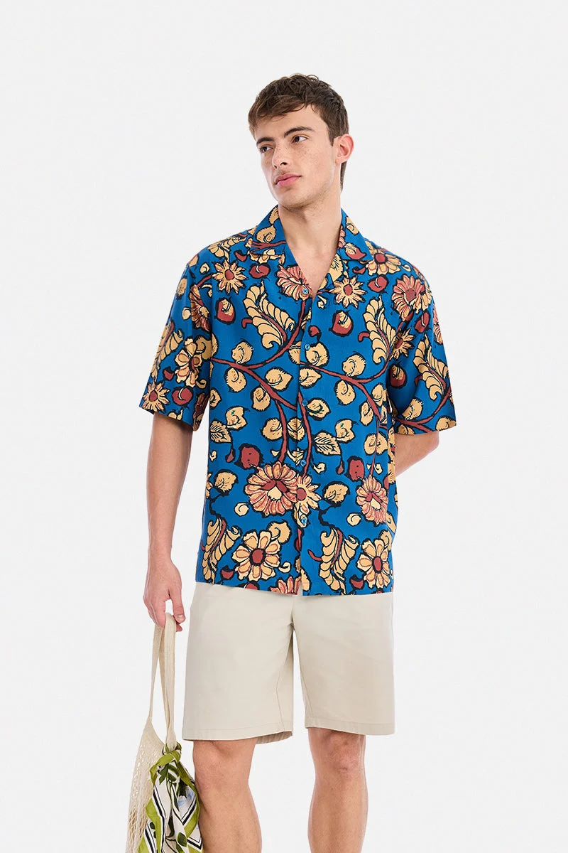 SNITCH Blue Floral Half Sleeve Oversized Vacation Shirt