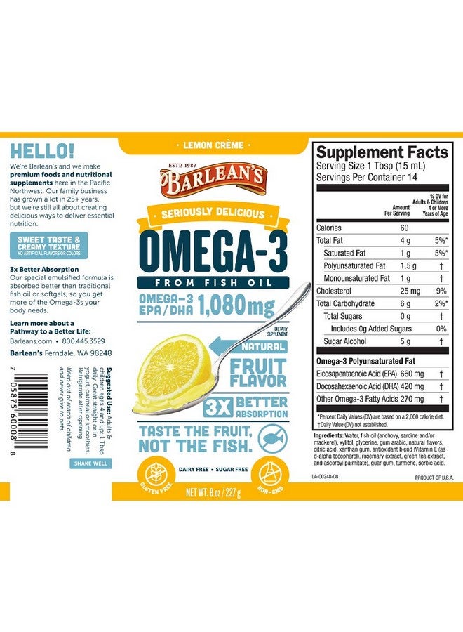 BARLEAN'S Lemon Crème Omega 3 Fish Oil Liquid Supplement 1080Mg Of Omega 3 Epa & Dha Fatty Acid Smoothie Flavored & Burpless For Brain Joint & Heart Health 8 Oz - Image 3