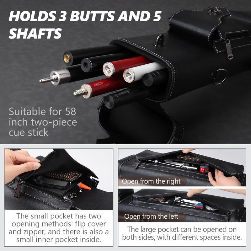 elraxw Hard 3x5 Pool Cue Case, 8 Hole Pool Cue Stick Case Billiard Cue Case, Holds Up to 3 Butts and 5 Shafts, Topstitching Design - Image 4