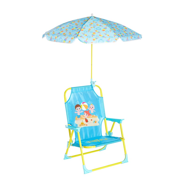 Idea Nuova CoComelon Kids Folding Beach Chair with Umbrella  Outdoor Portable Chair for Ages 3 Lightweight with Safety Lock Perfect for Beach Park or Backyard