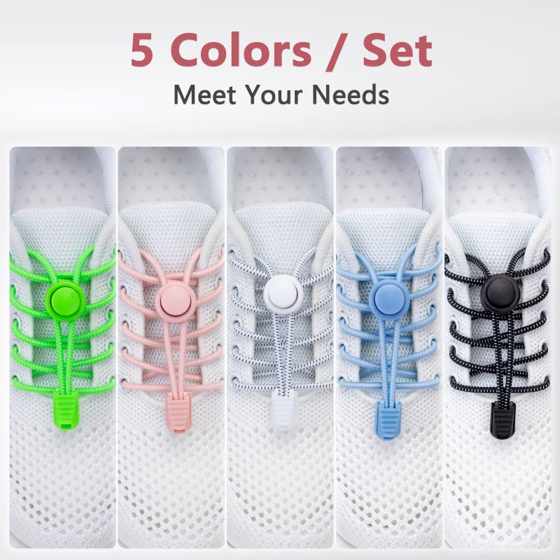 AIXMEET 5 Pairs No-Tie Shoe Laces for Adults & Kids - Elastic, Colorful (Black+White+Blue+Pink+Green) - Image 2