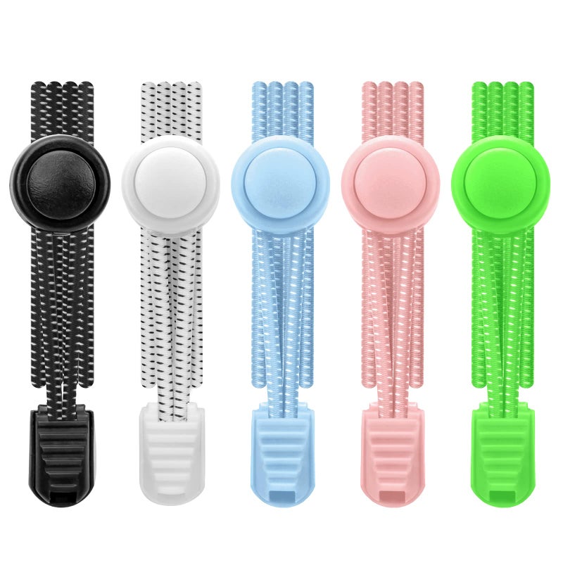 AIXMEET 5 Pairs No-Tie Shoe Laces for Adults & Kids - Elastic, Colorful (Black+White+Blue+Pink+Green) - Image 1