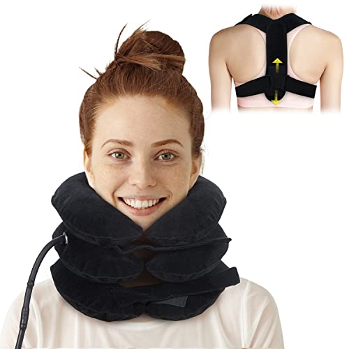iBYWM Cervical Neck Traction Device Posture Corrector for Women and Men Inflatable Neck Stretcher Brace for Decompression Adjustable Upper Back Brace Elastic Support Carbon Black - Image 1