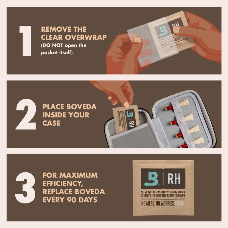 Boveda 72% Two-Way Humidity Control Packs for Woodwind Reeds â€“ Size 8 â€“ 2 Pack â€“ Moisture Absorbers â€“ Protects Against Drying & Splitting â€“ Individually Wrapped Reed Humidifiers for Day-to-Day Storage - Image 3