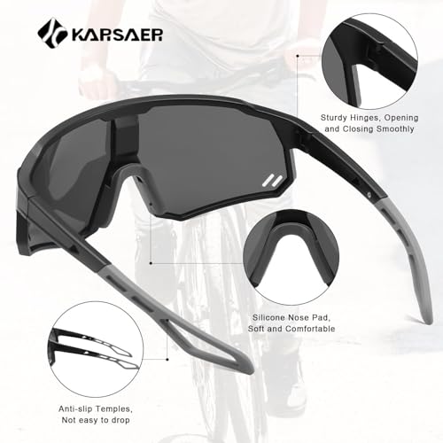 Karsaer Polarized Cycling Glasses Sports Sunglasses, UV400 Protection Baseball Running Glasses for Men Women Youth E1267, Large, Black, Grey - Image 4