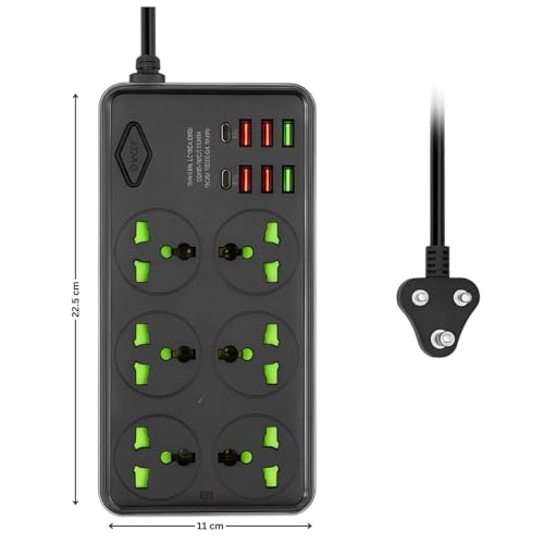 NOJTI Extension Board, Power Strip with 6 USB Ports and 3 Universal Socket, 2500W 10A Extension Cord, 3-Pin Surge Protector Power Strip for Home, Office, Computer, Mobile Charging (Black-Z69) - Image 2