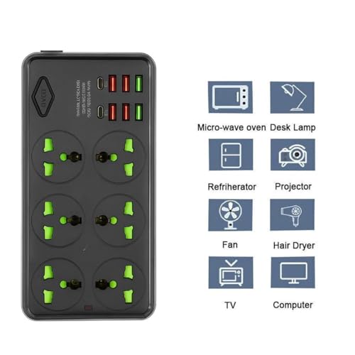 NOJTI Extension Board, Power Strip with 6 USB Ports and 3 Universal Socket, 2500W 10A Extension Cord, 3-Pin Surge Protector Power Strip for Home, Office, Computer, Mobile Charging (Black-Z69) - Image 5