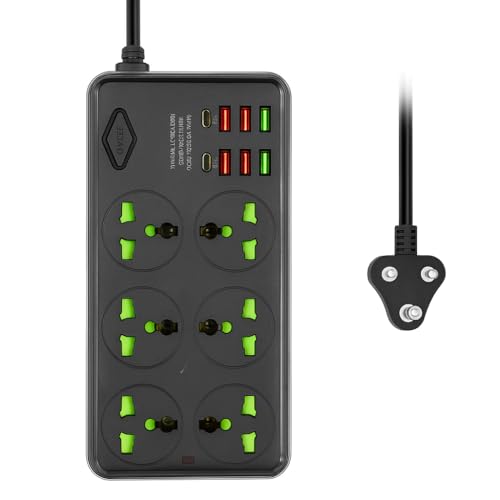 NOJTI Extension Board, Power Strip with 6 USB Ports and 3 Universal Socket, 2500W 10A Extension Cord, 3-Pin Surge Protector Power Strip for Home, Office, Computer, Mobile Charging (Black-Z69) - Image 1