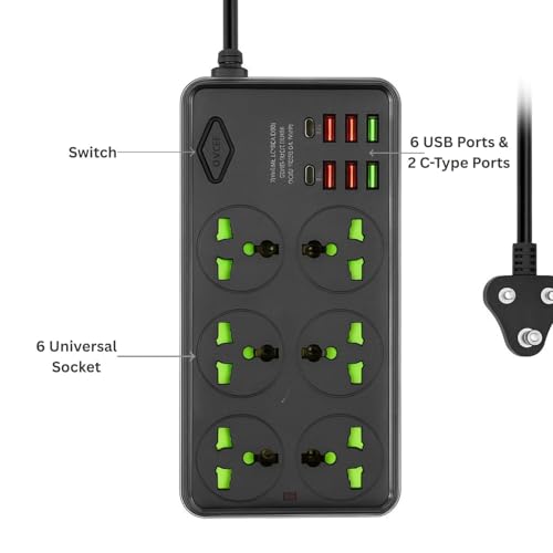 NOJTI Extension Board, Power Strip with 6 USB Ports and 3 Universal Socket, 2500W 10A Extension Cord, 3-Pin Surge Protector Power Strip for Home, Office, Computer, Mobile Charging (Black-Z69) - Image 3