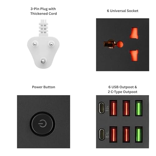 NOJTI Extension Board, Power Strip with 6 USB Ports and 3 Universal Socket, 2500W 10A Extension Cord, 3-Pin Surge Protector Power Strip for Home, Office, Computer, Mobile Charging (Black-Z69) - Image 4