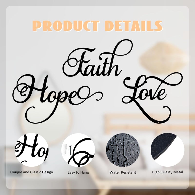 ESTART Faith Hope Love 3 Pieces Metal Wall Decor Inspirational Black Letter Sign Wall Art Rustic Vintage Farmhouse Word Metal Sign Family Wall Decor for Home Bedroom Living Room - Image 4