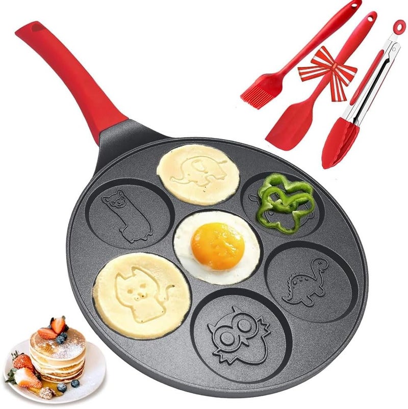 Goodern Pancake Pan With 7 Animal Designs,4 PCS Kids Breakfast Crepe Griddle Pan with Spatula,Tongs,Brush,Nonstick Egg Frying Maker with Anti-scald Handle,Omelette Pan for Making Burgers Blintze-Red - Image 1