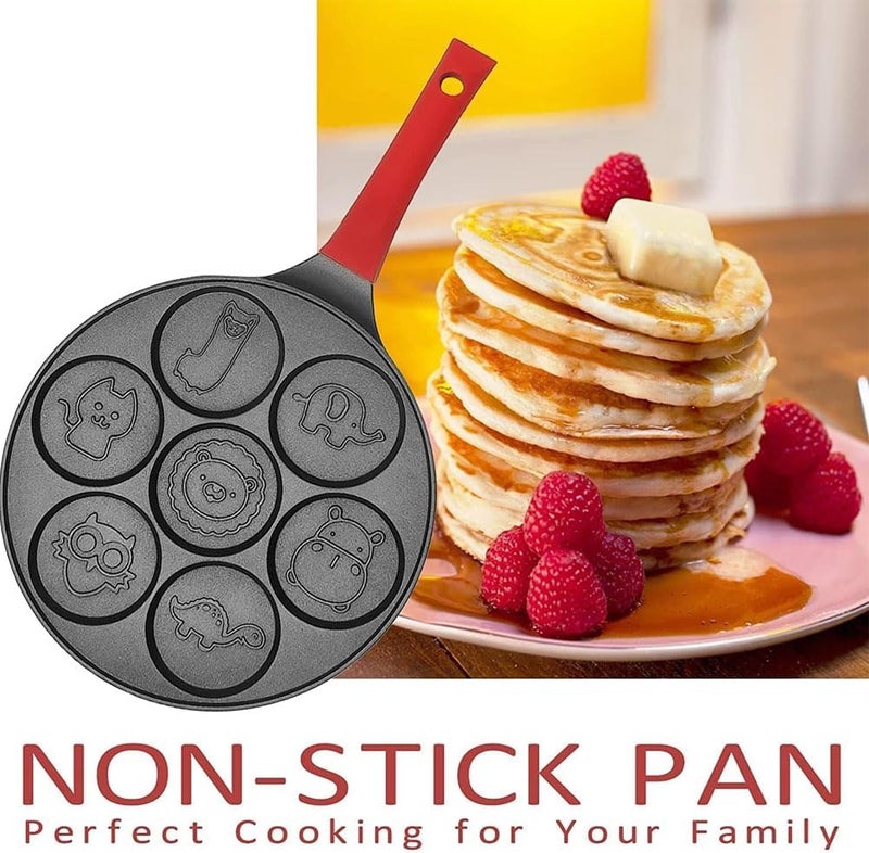 Goodern Pancake Pan With 7 Animal Designs,4 PCS Kids Breakfast Crepe Griddle Pan with Spatula,Tongs,Brush,Nonstick Egg Frying Maker with Anti-scald Handle,Omelette Pan for Making Burgers Blintze-Red - Image 3