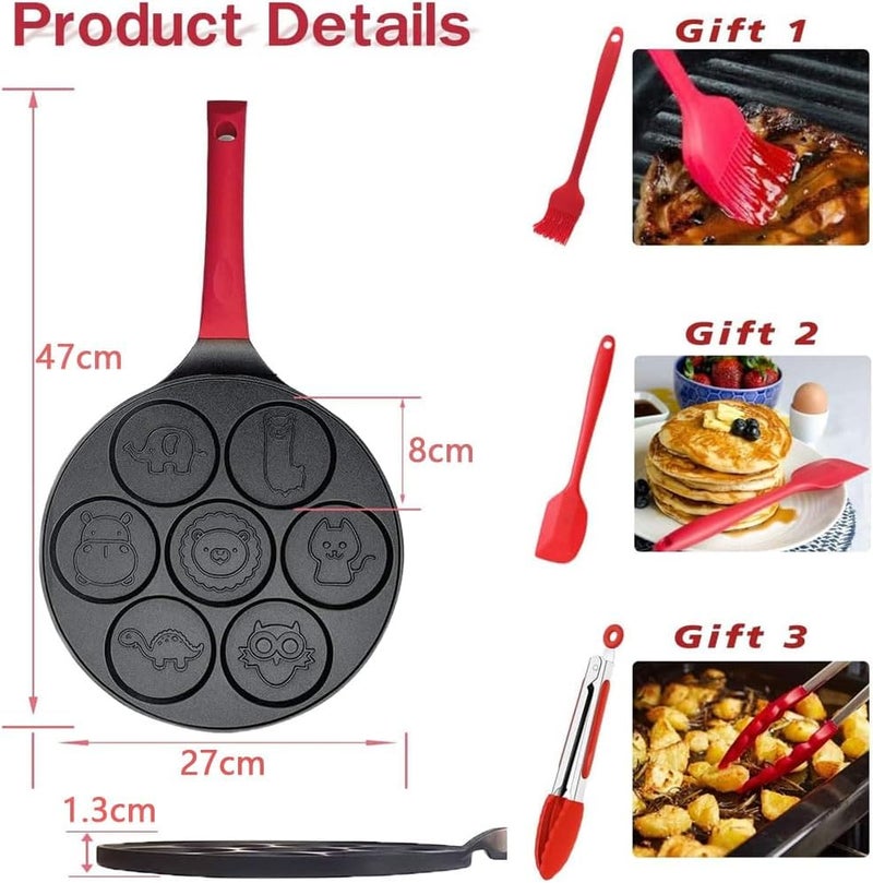 Goodern Pancake Pan With 7 Animal Designs,4 PCS Kids Breakfast Crepe Griddle Pan with Spatula,Tongs,Brush,Nonstick Egg Frying Maker with Anti-scald Handle,Omelette Pan for Making Burgers Blintze-Red - Image 5