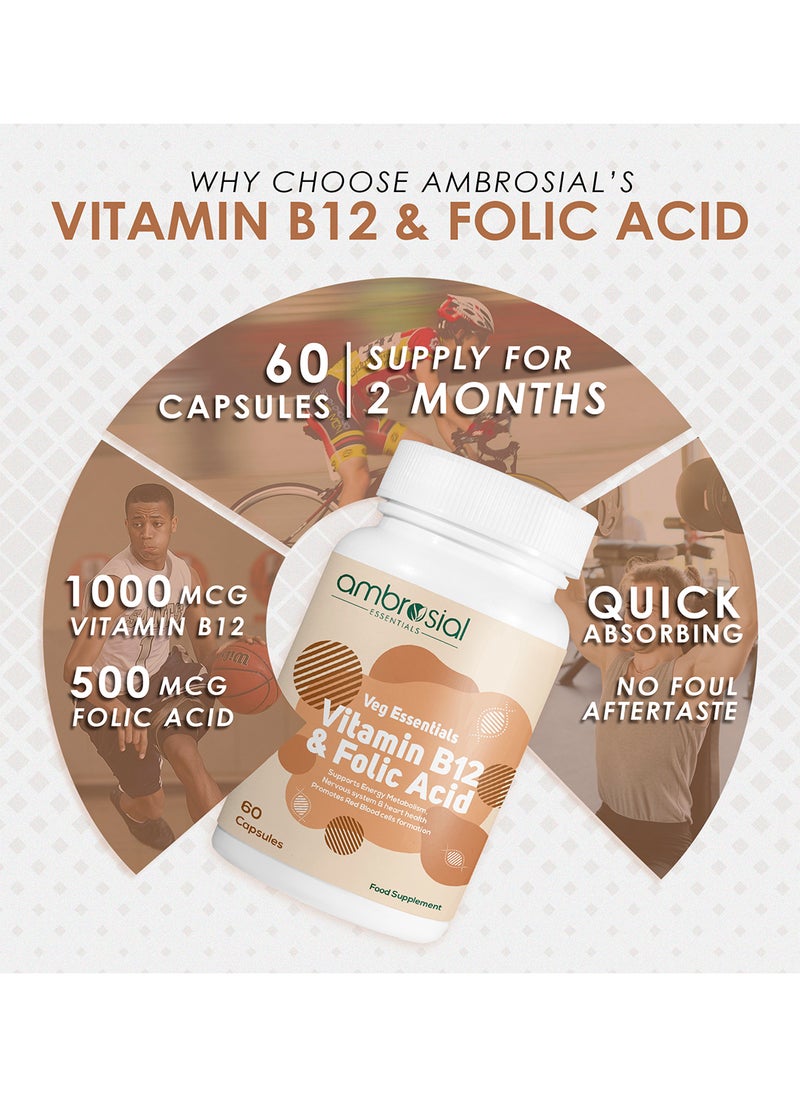ambrosial - Vitamin B12 1000 mcg + 500 mcg Folic Acid High Strength 1500 mcg b12 vitamin & Folic Acid Reduction of Tiredness & Fatigue B12 Supplement for Immune System & Energy 60 Vegan Capsules - Image 1