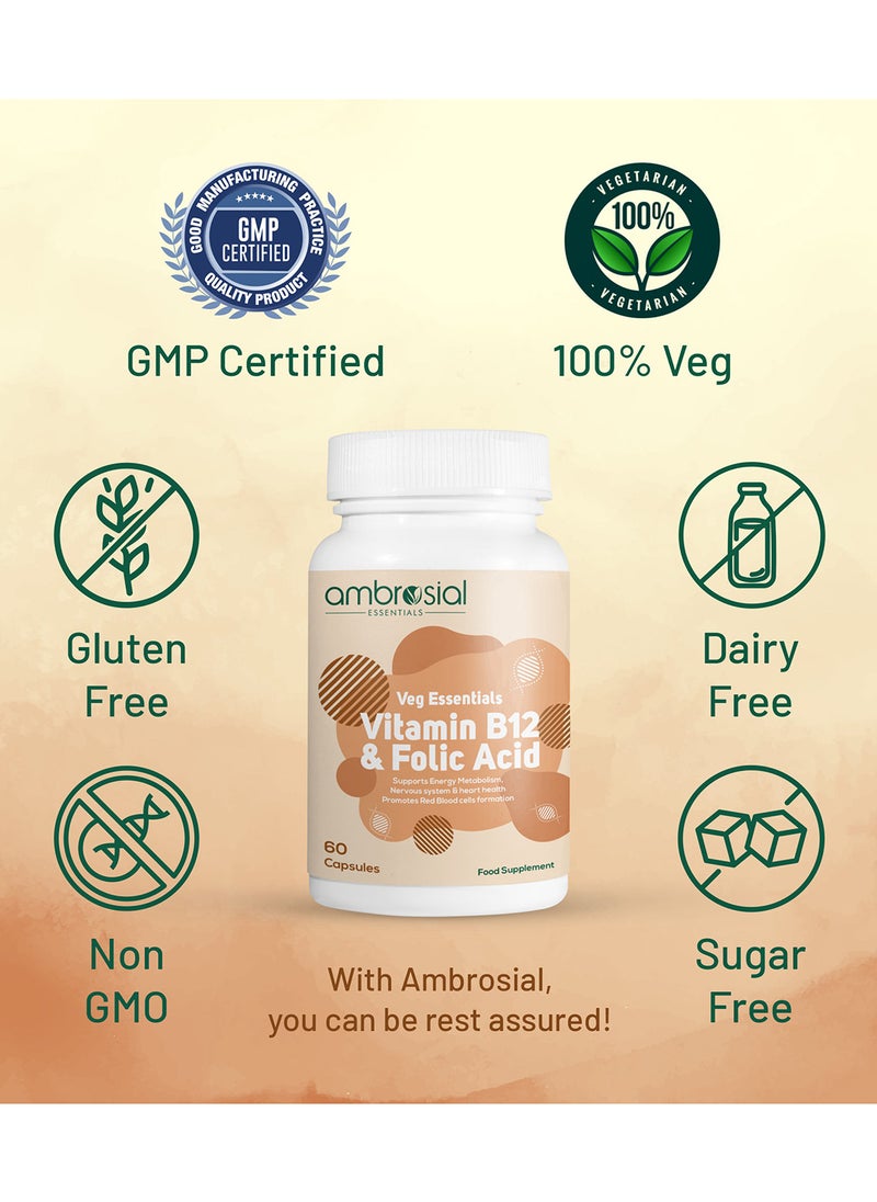 ambrosial - Vitamin B12 1000 mcg + 500 mcg Folic Acid High Strength 1500 mcg b12 vitamin & Folic Acid Reduction of Tiredness & Fatigue B12 Supplement for Immune System & Energy 60 Vegan Capsules - Image 1