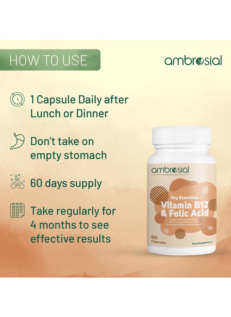ambrosial - Vitamin B12 1000 mcg + 500 mcg Folic Acid High Strength 1500 mcg b12 vitamin & Folic Acid Reduction of Tiredness & Fatigue B12 Supplement for Immune System & Energy 60 Vegan Capsules - Image 1