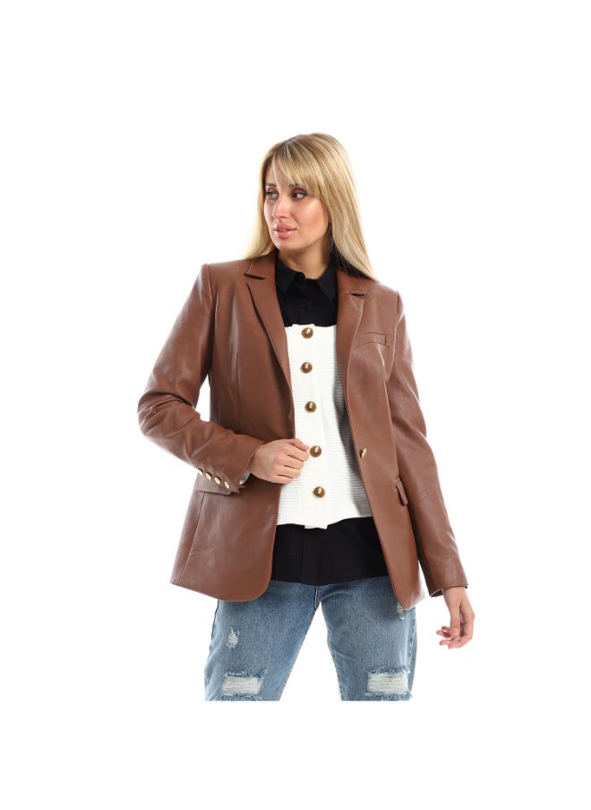 Esla Elegant One Button Leather Blazer - Brown  - Image 1