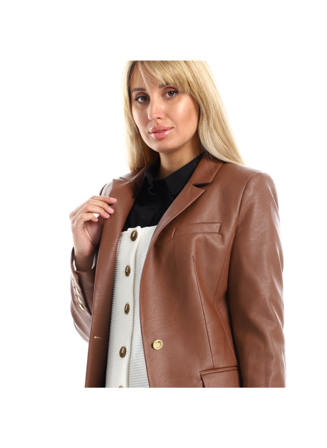 Esla Elegant One Button Leather Blazer - Brown  - Image 3