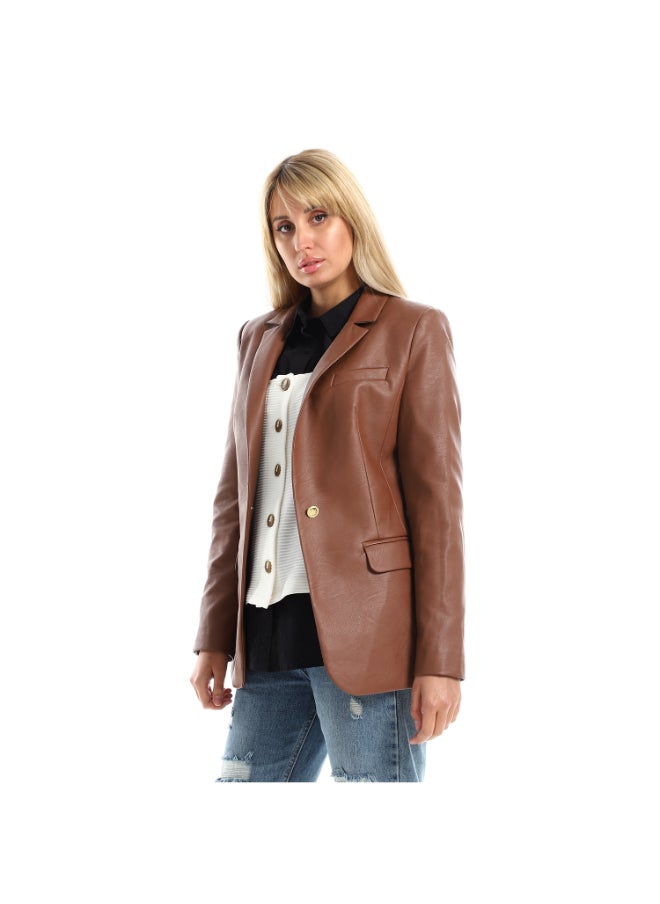 Esla Elegant One Button Leather Blazer - Brown  - Image 2