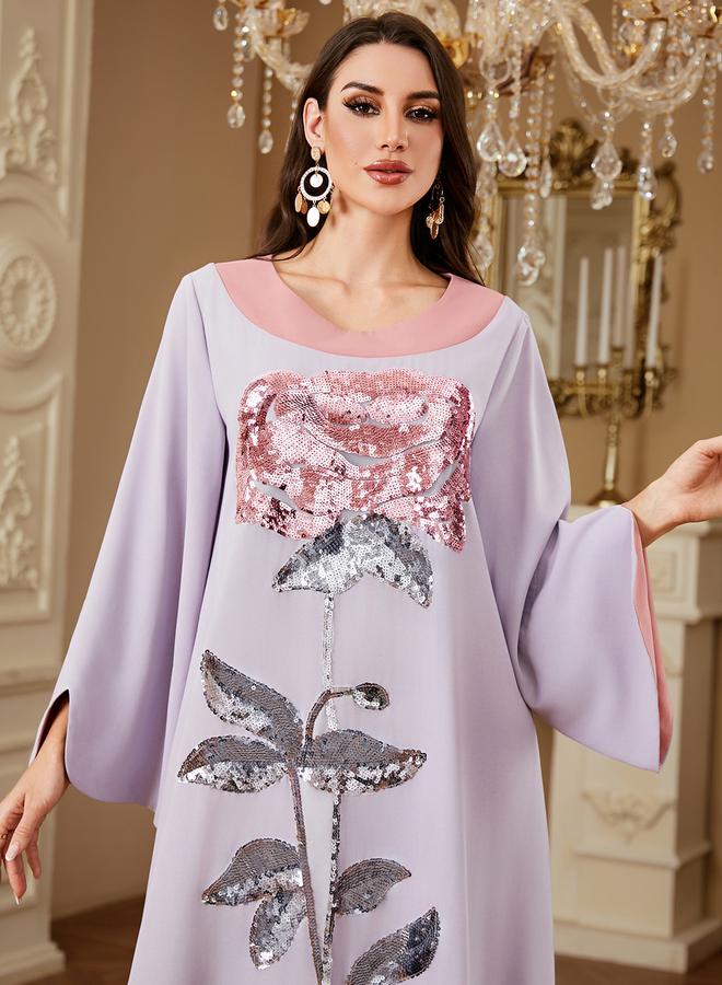 Take Two Purple Contrast Round Neck Jalabiya with Sequin Floral Embellishment - Image 5