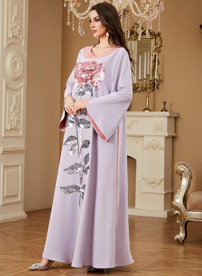 Take Two Purple Contrast Round Neck Jalabiya with Sequin Floral Embellishment - Image 4