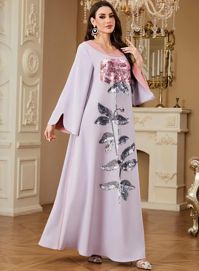 Take Two Purple Contrast Round Neck Jalabiya with Sequin Floral Embellishment