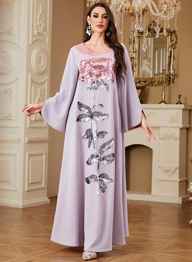 Take Two Purple Contrast Round Neck Jalabiya with Sequin Floral Embellishment - Image 3