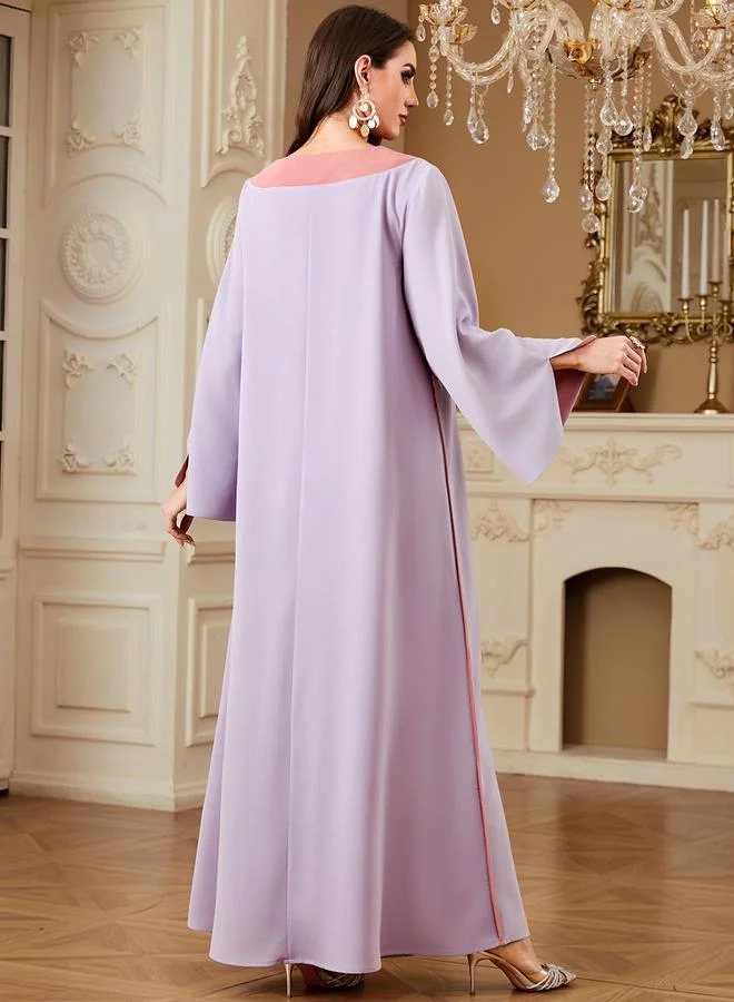 Take Two Purple Contrast Round Neck Jalabiya with Sequin Floral Embellishment