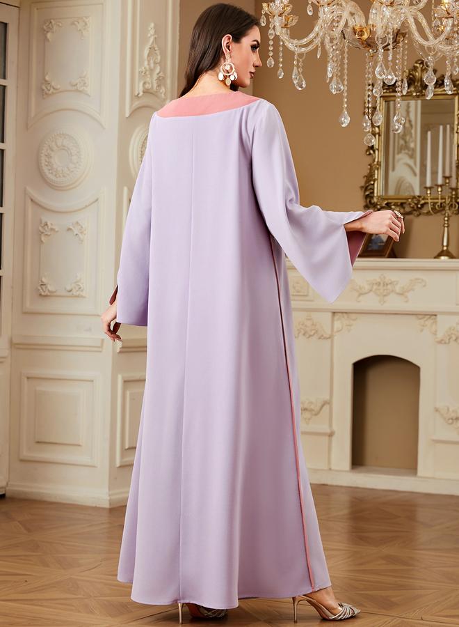 Take Two Purple Contrast Round Neck Jalabiya with Sequin Floral Embellishment - Image 2